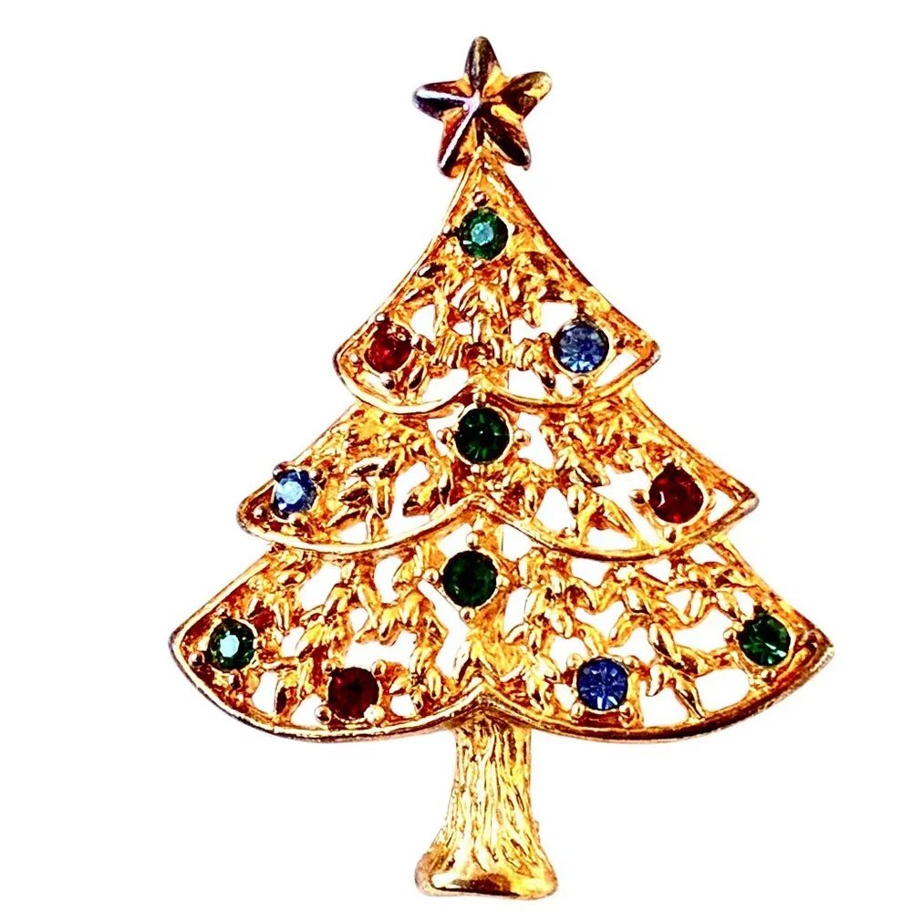 Eisenberg Ice Vtg Christmas Tree Brooch Pin Gold Tone Multi-color Rhinestones